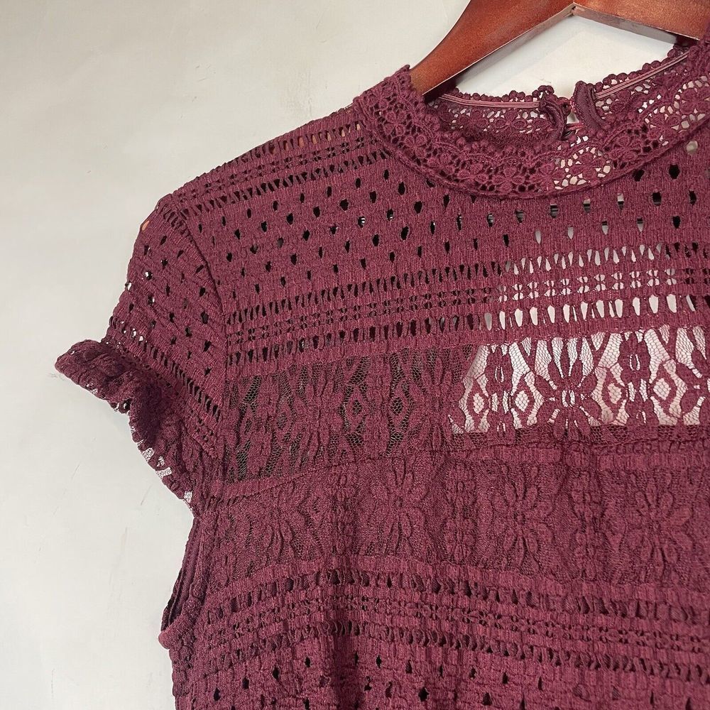 FOXIEDOX Burgundy Wine Lace Keyhole Back Stretch Ruffle Dress Women's Size S NEW - Picture 5 of 11